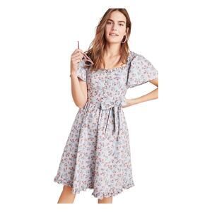 Floral Square-Neck Tie-Waist Midi Dress - Light Blue